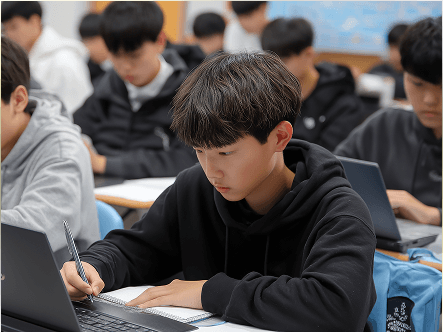 노트북으로 문제를 푸는 남학생